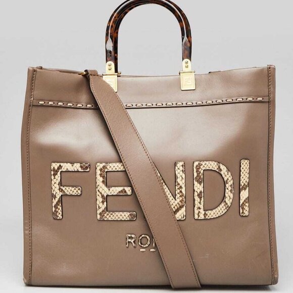 Fendi Dark Beige Leather/Snakeskin Medium Sunshine Tote Bag -8BH386 - Picture 1 of 10